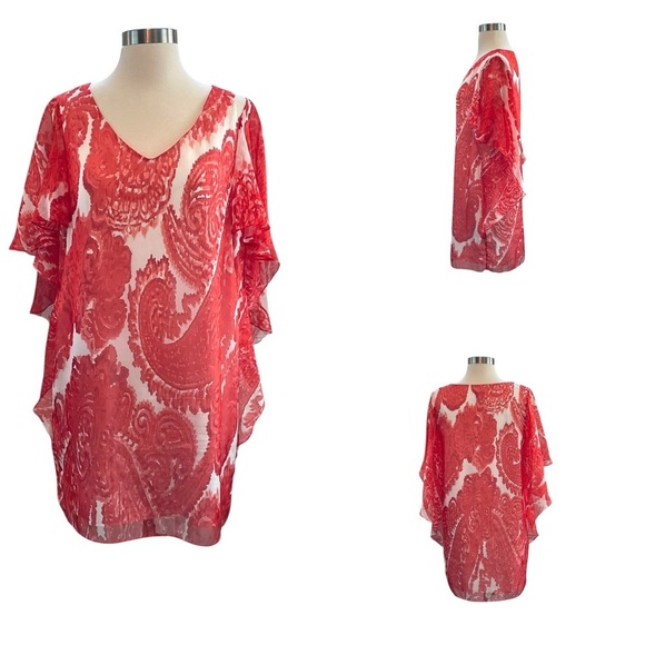 Milly Silk Coral and White Swim Coverup with V-Neck and Flutter Sleeves Size 4 - Picture 1 of 12